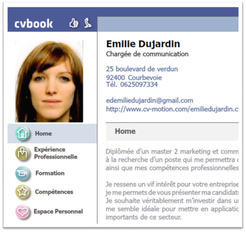 le CV chargée de communication facon facebook de Emilie Dujardin