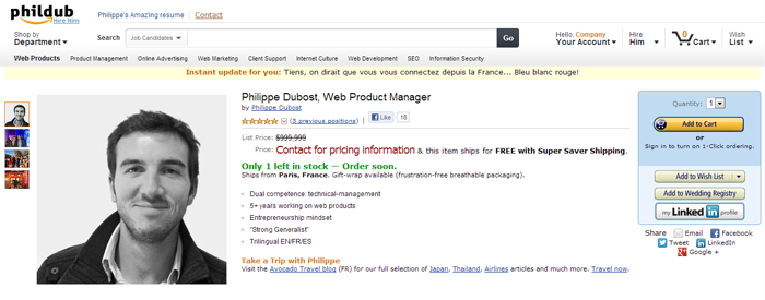 Ajoutez à votre panier Philippe Dubost et son superbe web CV Amazon !